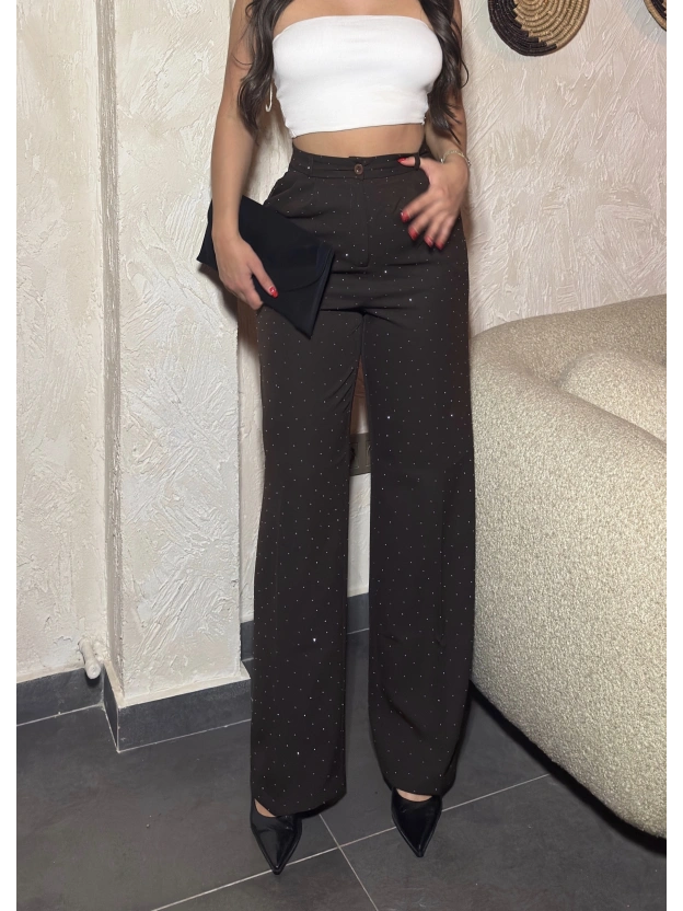 Kahverengi Double Kumaş Taşlı Pantolon