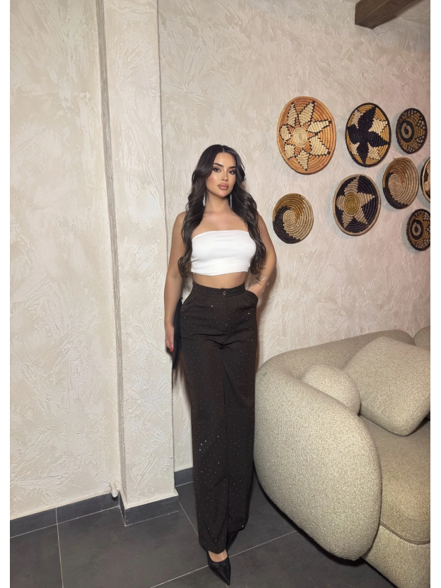 Kahverengi Double Kumaş Taşlı Pantolon