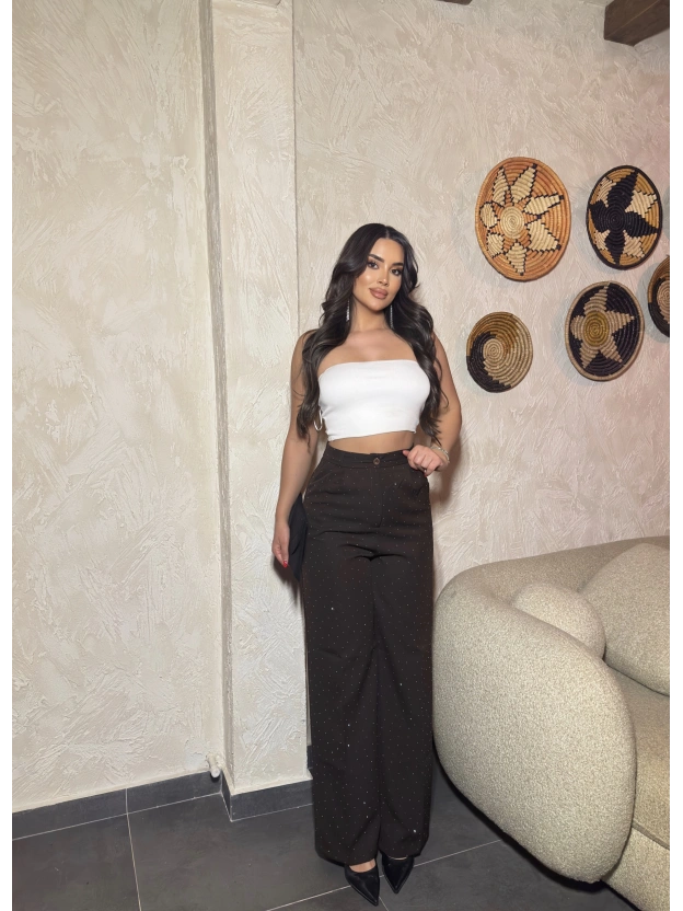 Kahverengi Double Kumaş Taşlı Pantolon