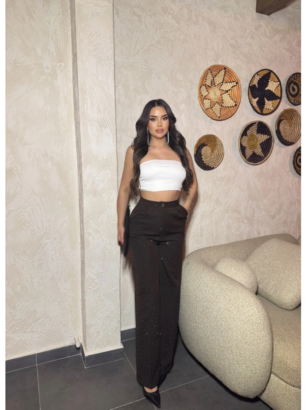 Kahverengi Double Kumaş Taşlı Pantolon