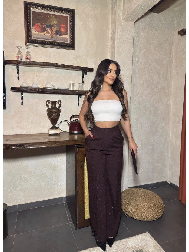 Mürdüm Double Kumaş Taşlı Pantolon