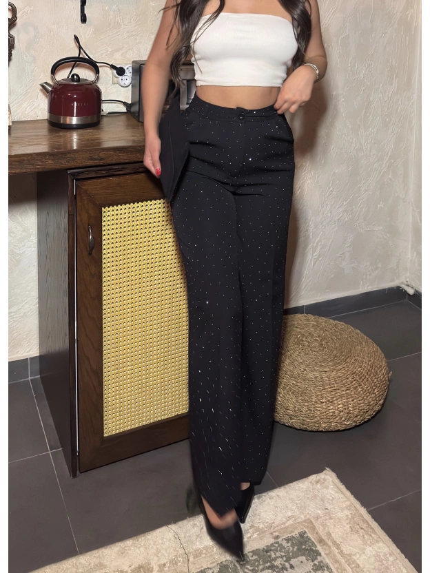 Siyah Double Kumaş Taşlı Pantolon
