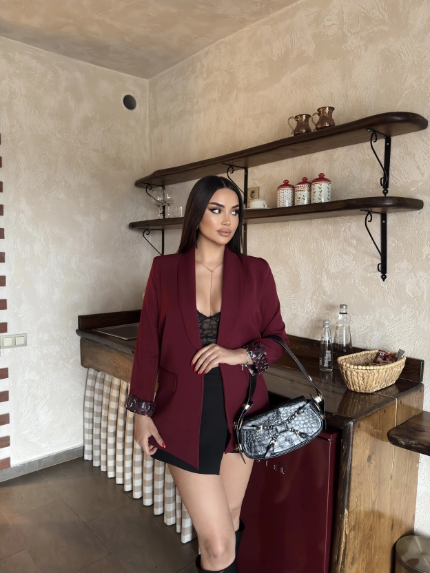 Bordo Leopar Detay Blazer Ceket