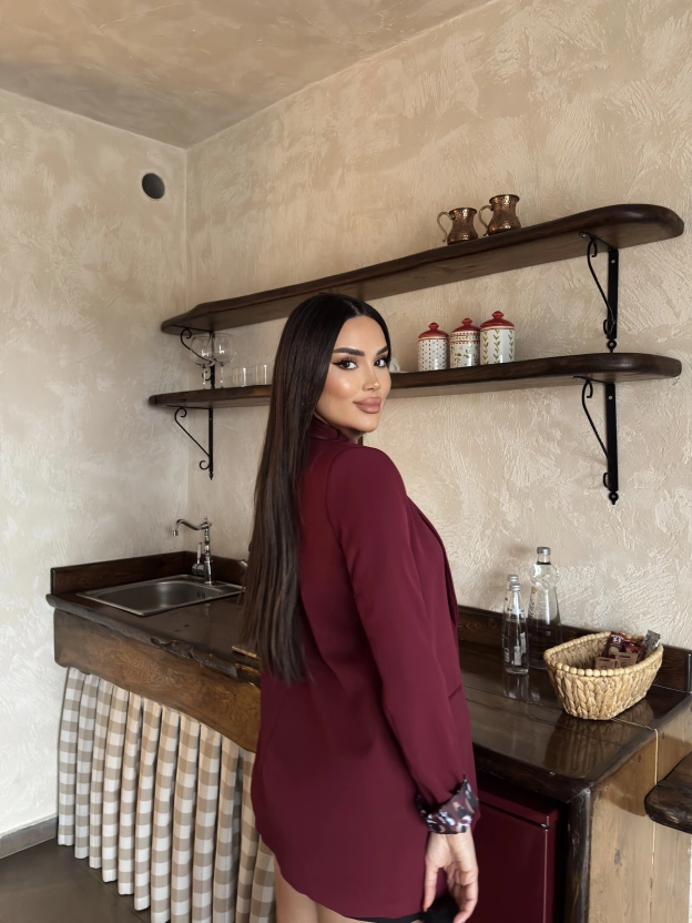 Bordo Leopar Detay Blazer Ceket