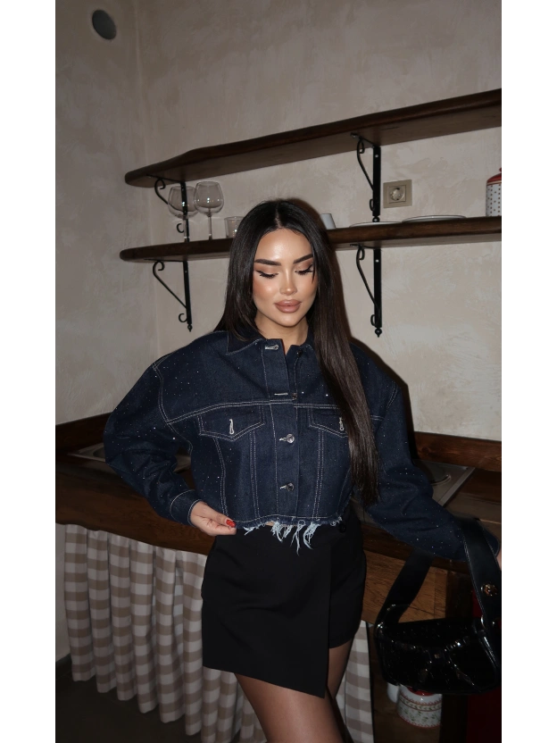 Mavi Taşlı Crop Kot ceket