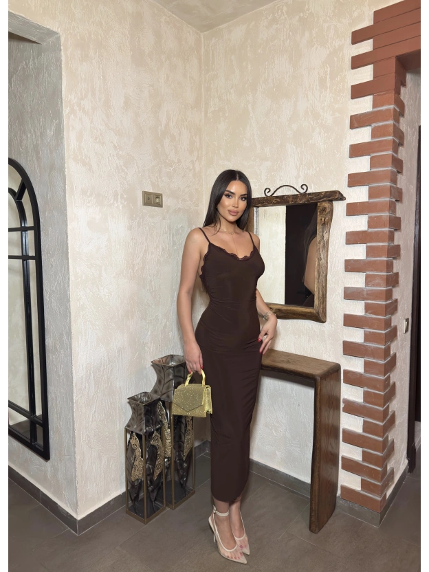 Kahverengi Dantel Detay Uzun Elbise