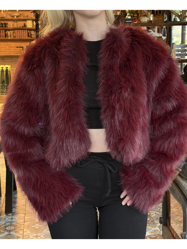 Bordo Crop Kürk Ceket