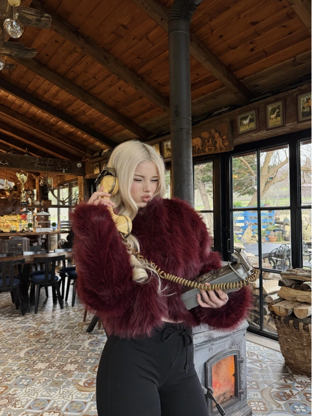 Bordo Crop Kürk Ceket