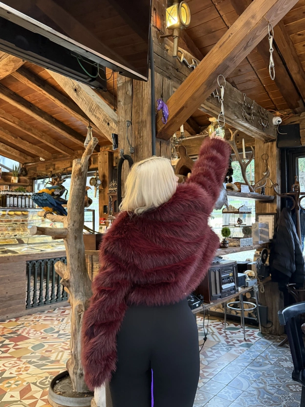 Bordo Crop Kürk Ceket