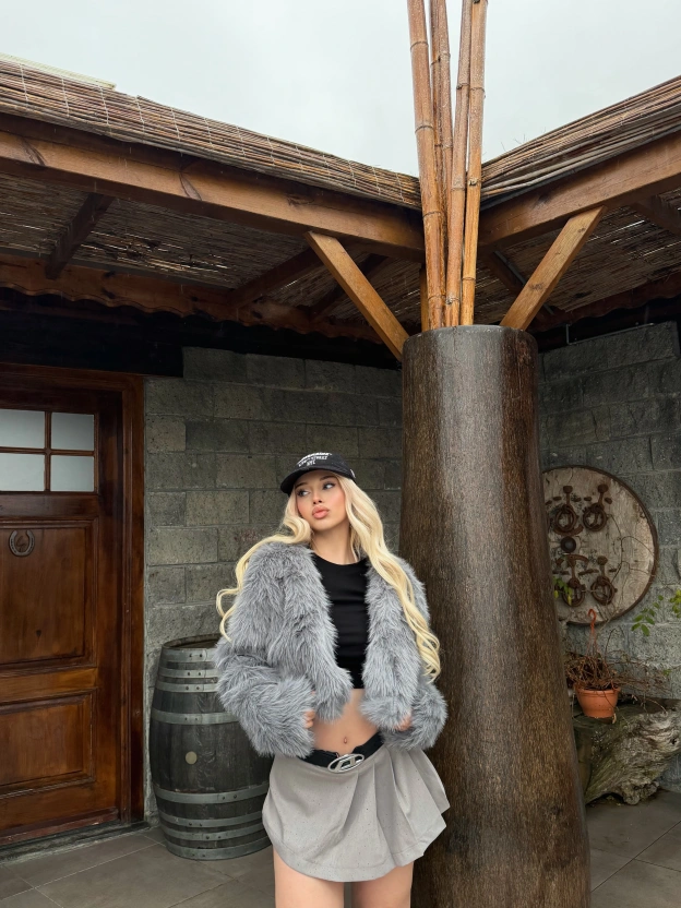 Gri Crop Kürk Ceket