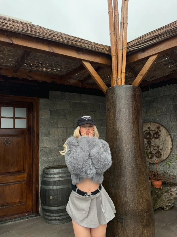 Gri Crop Kürk Ceket