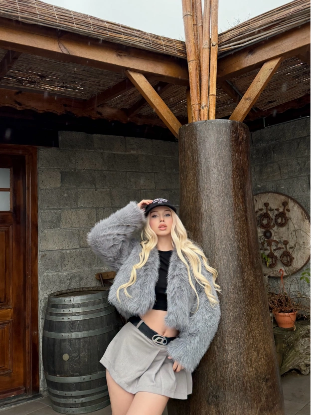 Gri Crop Kürk Ceket