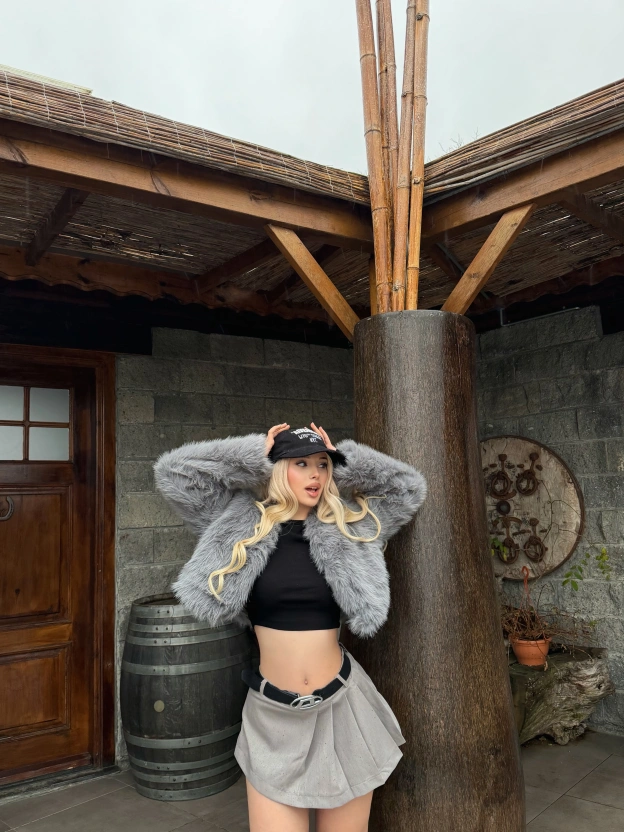 Gri Crop Kürk Ceket