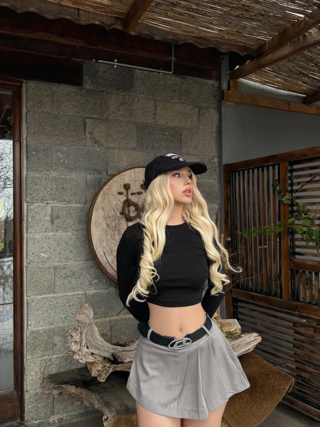 Gri Pileli Mini Şort Etek