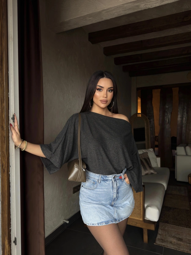 Antrasit Yarasa Kol Kayık Yaka Yumoş Bluz