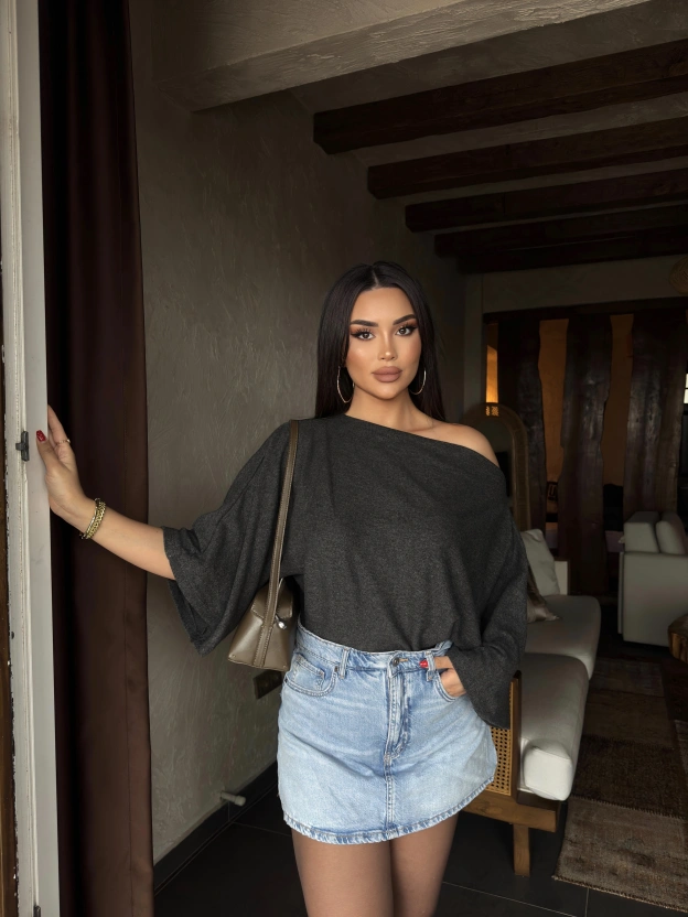 Antrasit Yarasa Kol Kayık Yaka Yumoş Bluz