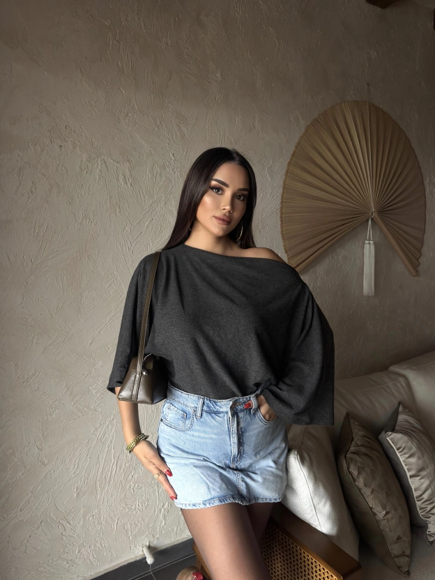 Antrasit Yarasa Kol Kayık Yaka Yumoş Bluz