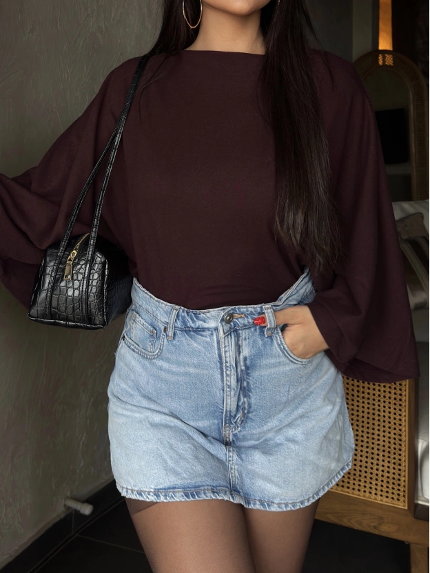 Bordo Yarasa Kol Kayık Yaka Yumoş Bluz