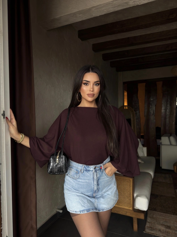 Bordo Yarasa Kol Kayık Yaka Yumoş Bluz