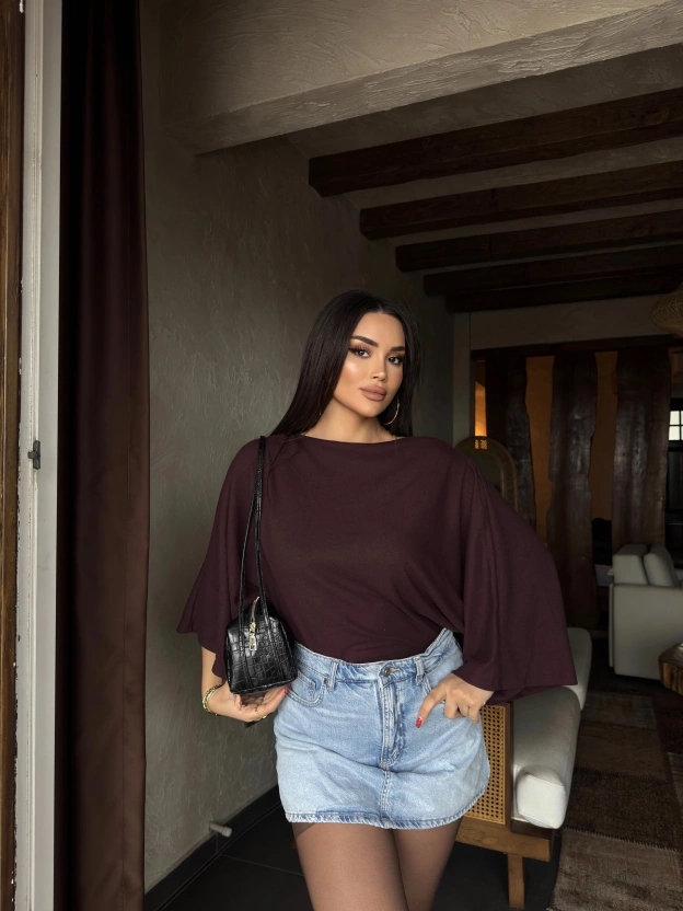 Bordo Yarasa Kol Kayık Yaka Yumoş Bluz