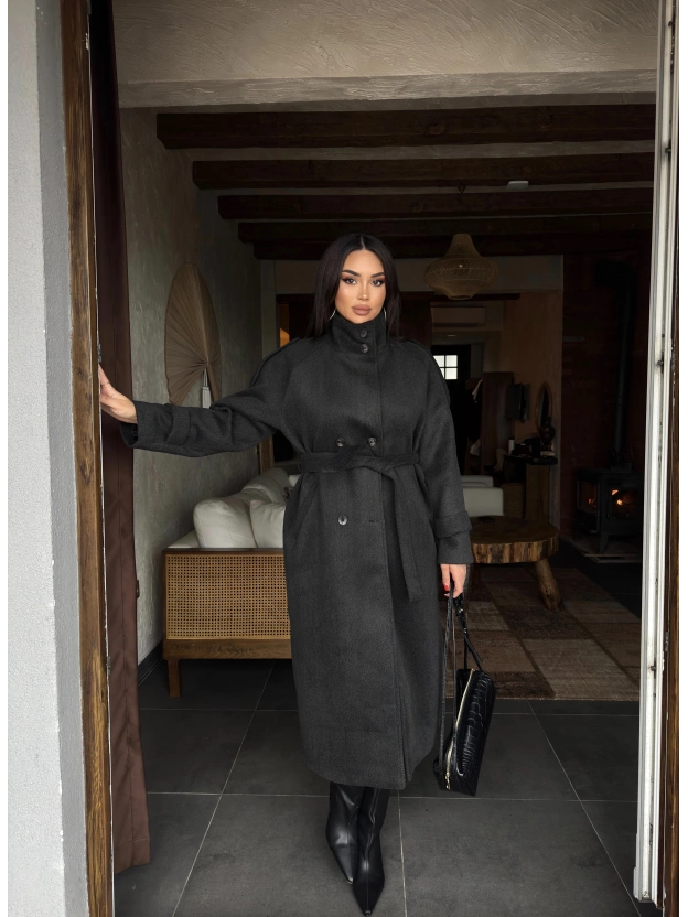 Antrasit Dik Yaka Uzun Kaşe Kaban