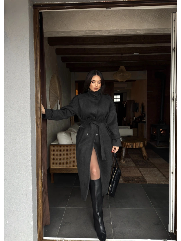 Antrasit Dik Yaka Uzun Kaşe Kaban