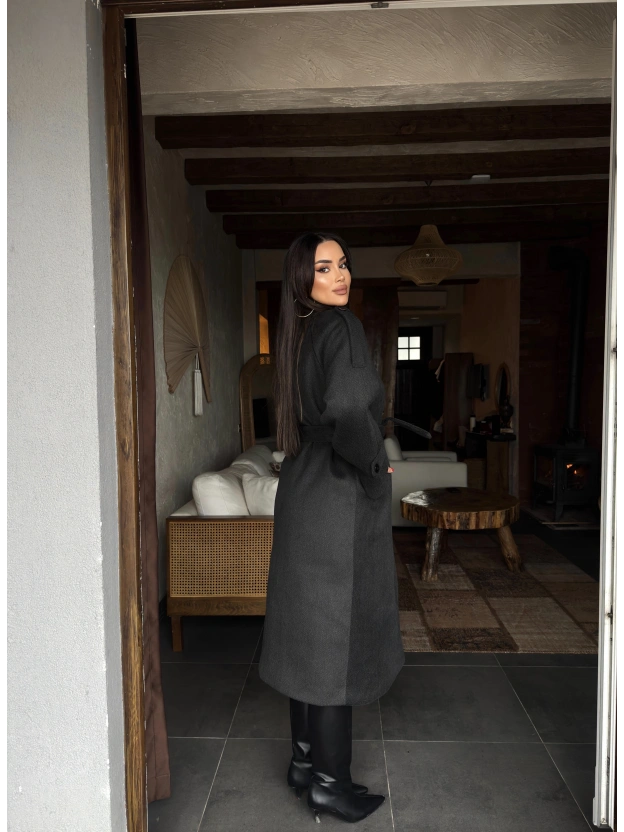 Antrasit Dik Yaka Uzun Kaşe Kaban