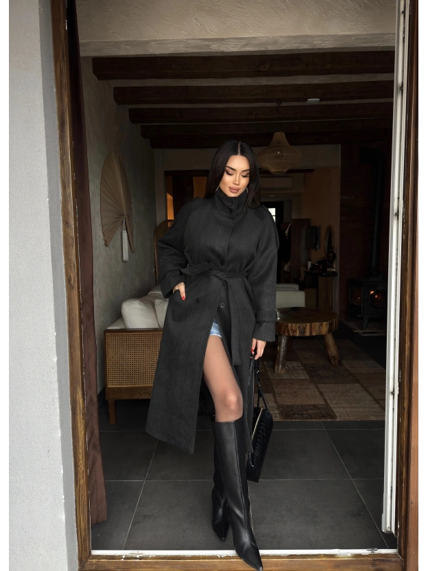 Antrasit Dik Yaka Uzun Kaşe Kaban