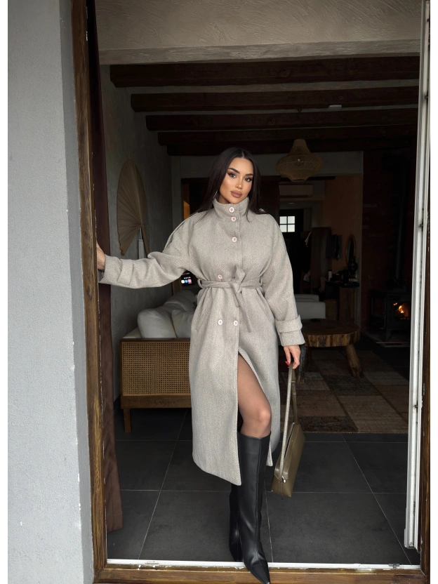 Bej Dik Yaka Uzun Kaşe Kaban