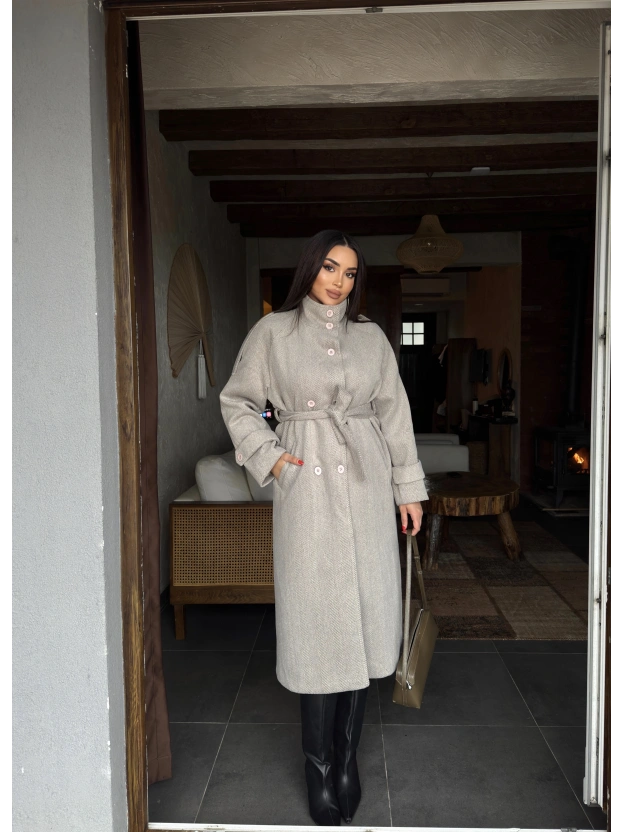 Bej Dik Yaka Uzun Kaşe Kaban