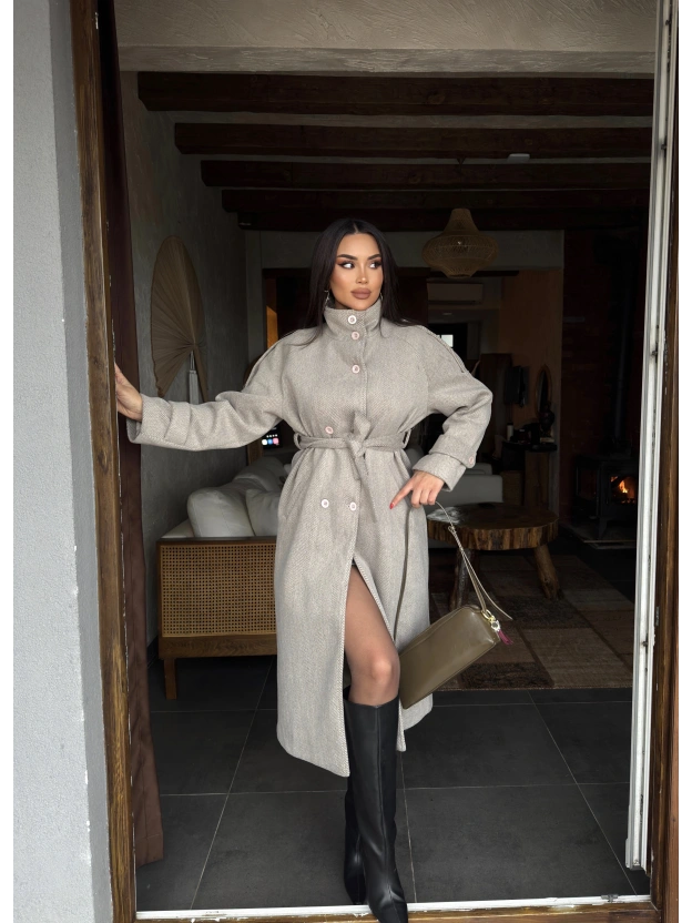 Bej Dik Yaka Uzun Kaşe Kaban