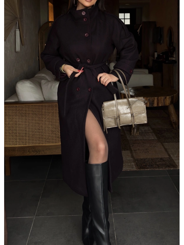 Mürdüm Dik Yaka Uzun Kaşe Kaban