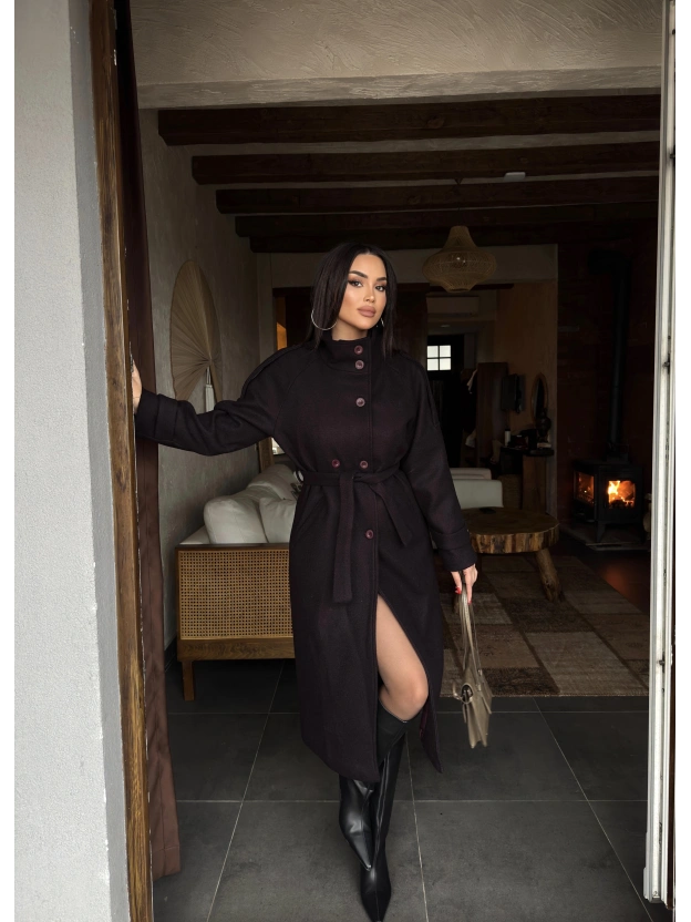 Mürdüm Dik Yaka Uzun Kaşe Kaban