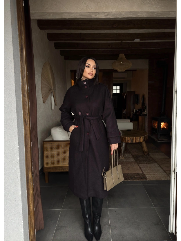 Mürdüm Dik Yaka Uzun Kaşe Kaban