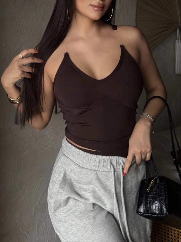 Kahverengi Tasarım Toparlayıcı Crop