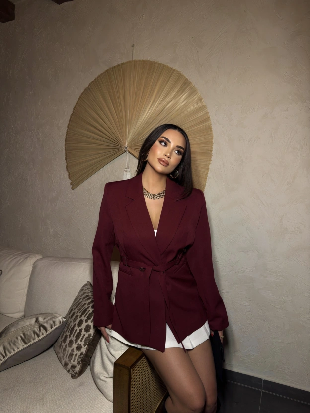 Bordo Çift Kemerli Tasarım Blazer Ceket