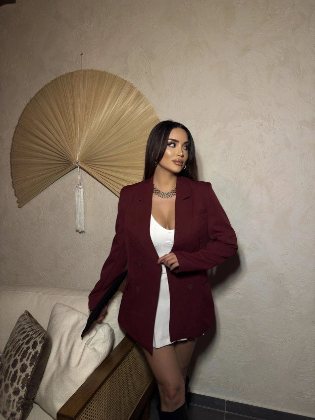 Bordo Dört Düğmeli Blazer Ceket