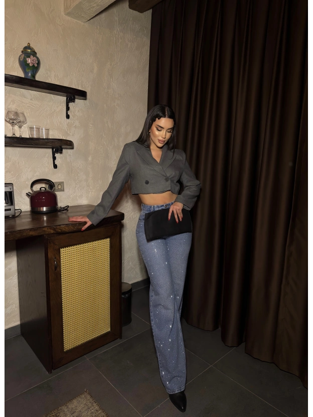 Mavi Wide Leg Önü Taşlı Pantolon