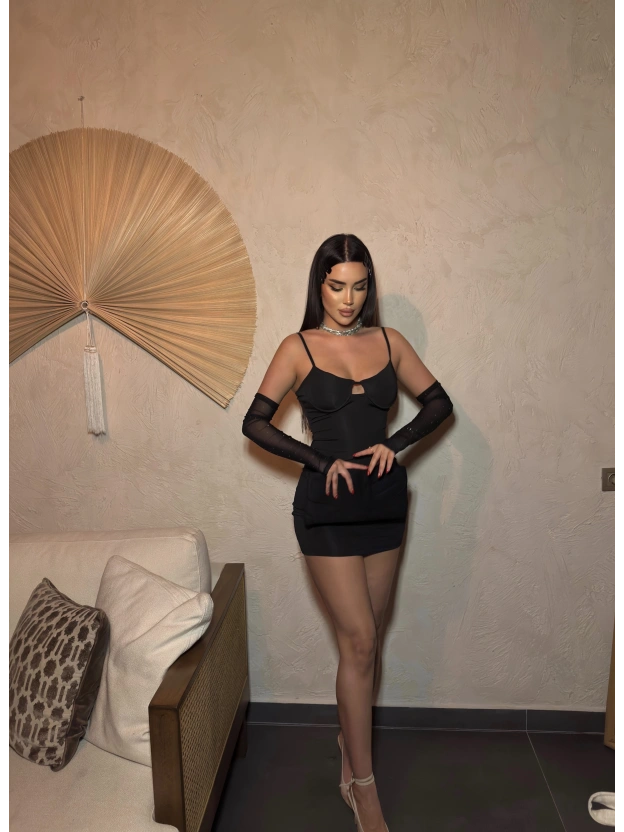 Siyah Kolları Tül Gloplu Elbise