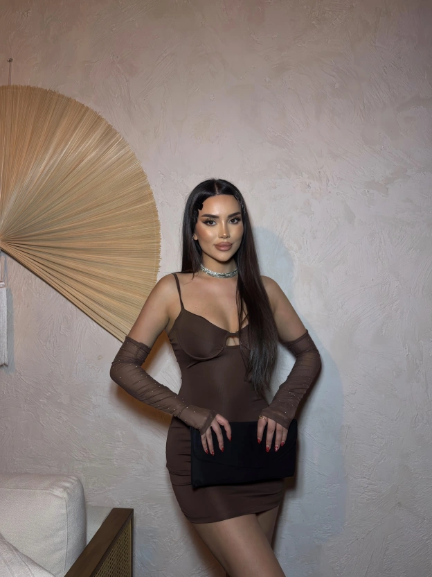 Kahverengi Kolları Tül Gloplu Elbise