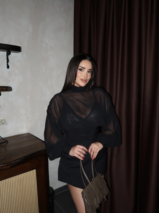 Siyah Tül Detay Bodysuit