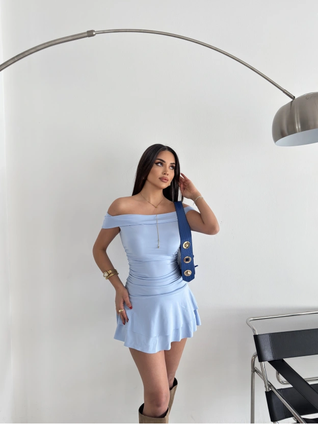 Mavi Madonna Yaka Drapeli Kısa Elbise