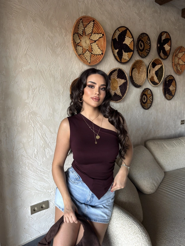 Mürdüm Asimetrik Tek Omuz Crop