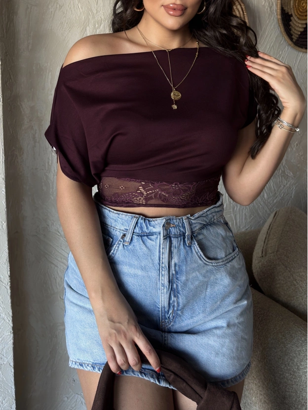 Mürdüm Dantel Detay Kayık yaka Bluz