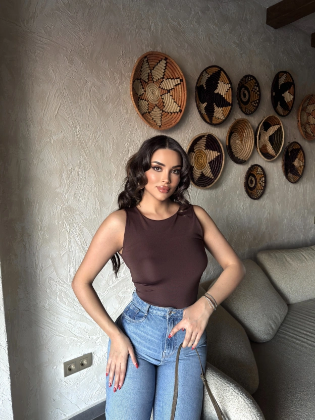 Kahverengi Bisiklet Yaka Bodysuit