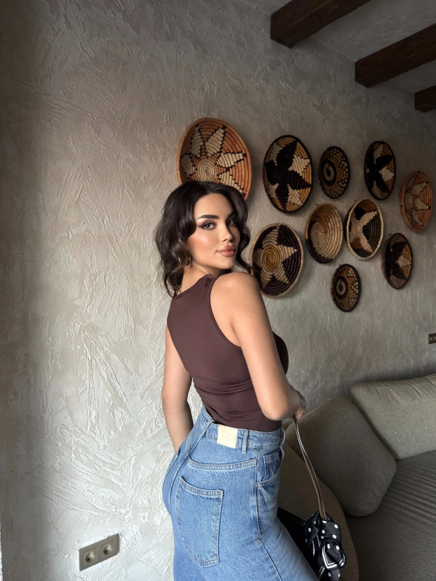 Kahverengi Bisiklet Yaka Bodysuit