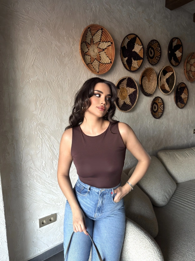 Kahverengi Bisiklet Yaka Bodysuit