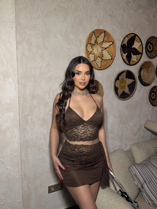 Kahverengi Üçlü Dantel Etek Takım