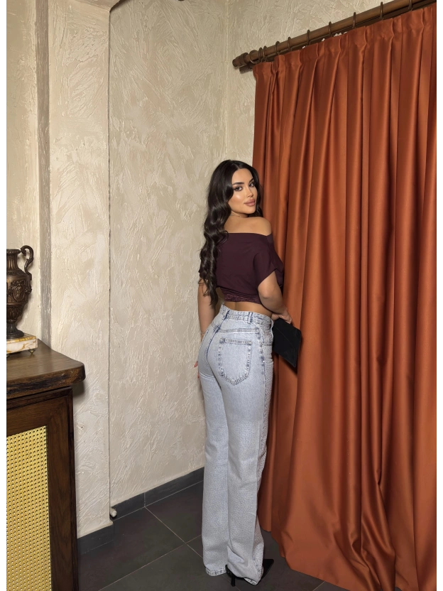 Buz Mavi Wide Leg Önü Taşlı Pantolon
