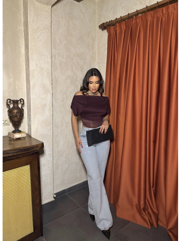 Buz Mavi Wide Leg Önü Taşlı Pantolon